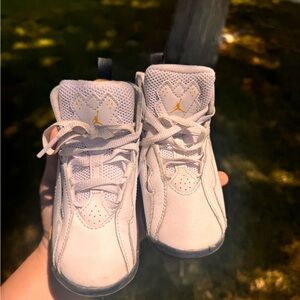 Jordan White and Gold Classic Sneakers with Perforated Design